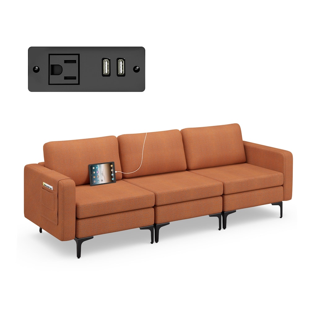 Modern 3-Seat Sofa with Linen Fabric Metal Frame and Detachable Caddy - 94.5" x 32.5" x 32.5"(L x W x H)