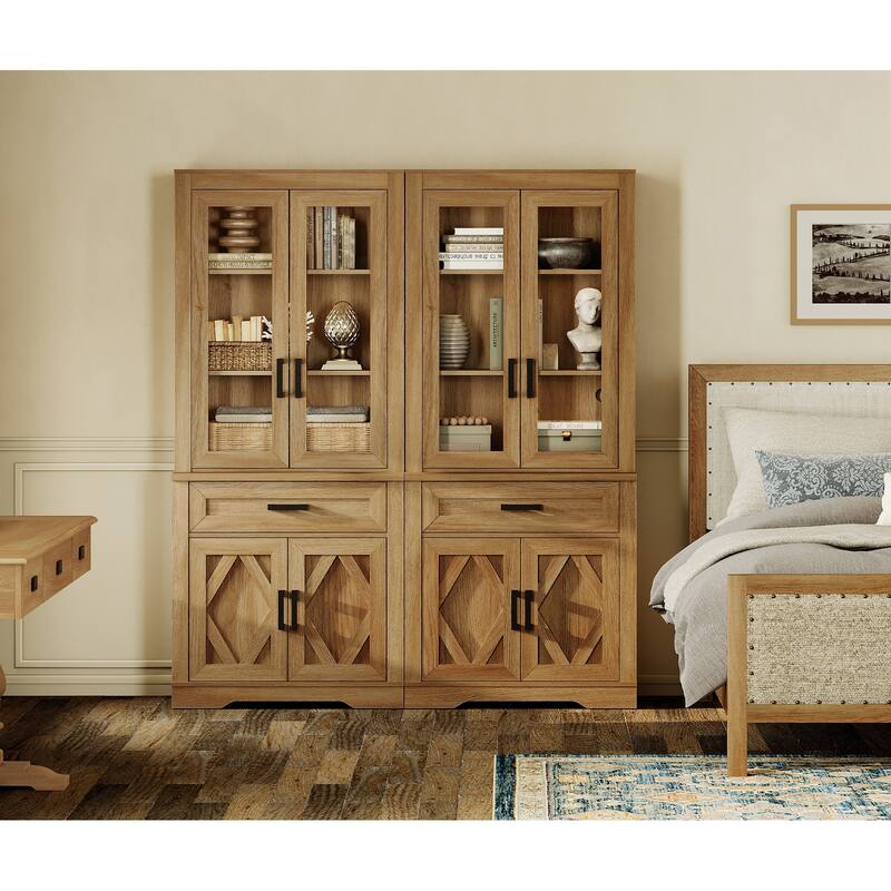 5 Tier Bookcase with Barn Door,73.3" Tall Open Storage Bookshelf - Walnut