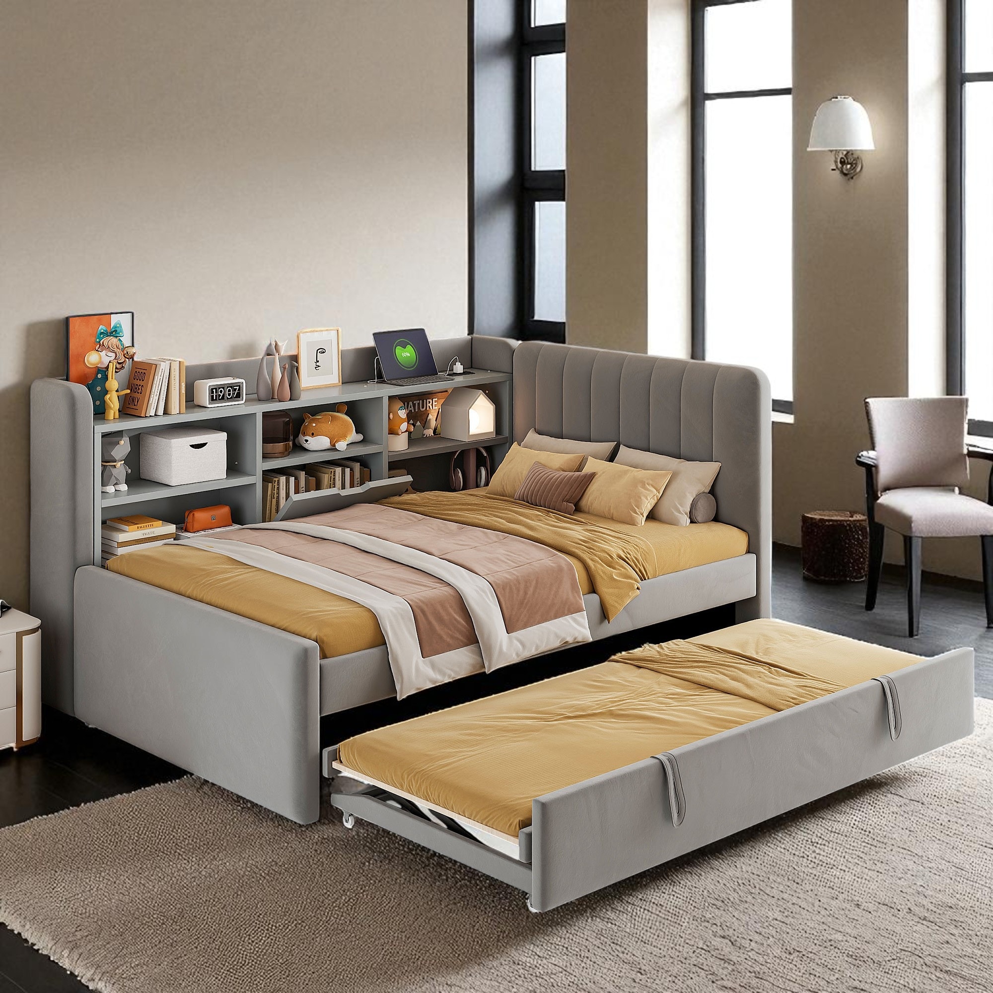 Twin Upholstered Daybed with Pop-Up Trundle, Storage Shelves, USB Ports and Power Outlet