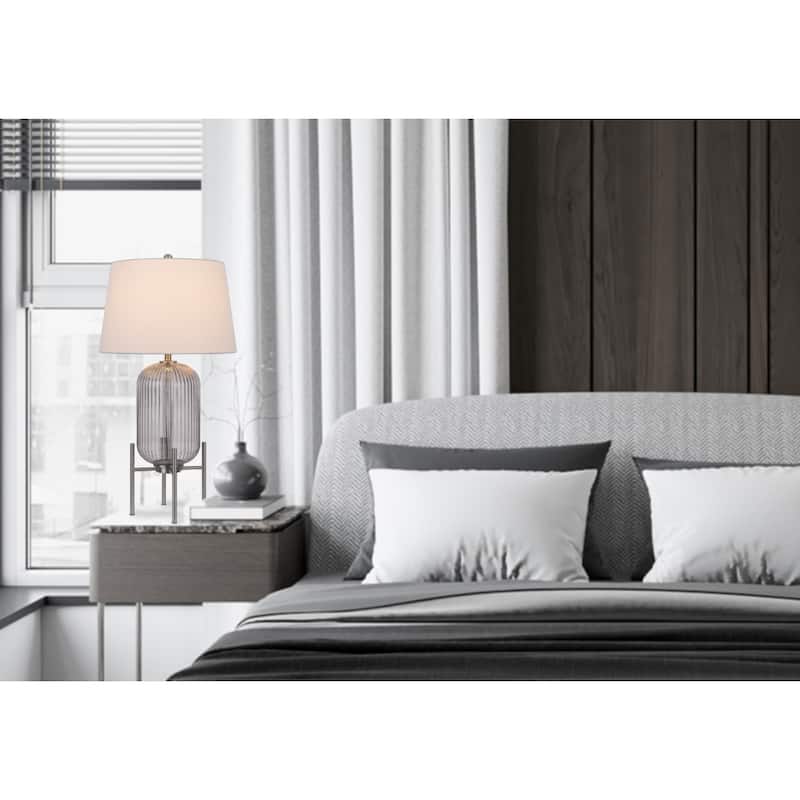 33" Contemporary Nickel Glass Round Table Lamp with White Linen Shade and 3-Way Switch for Living Room - 32.5”H x 17”W x 17”D