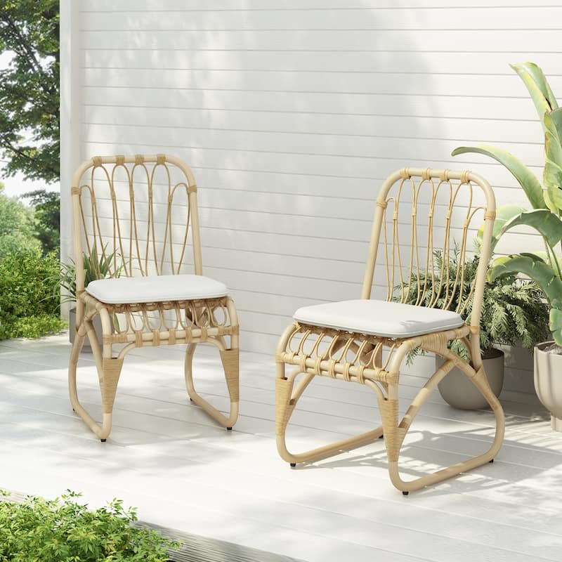 Outdoor PE Wicker Dining Chairs with Washable Cushion Set of 2, Outdoor Rattan chairs for Backyard - Natural,Yellow