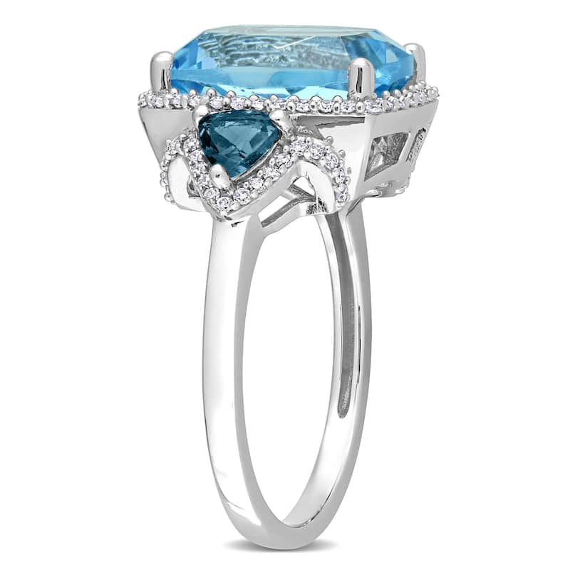Miadora London & Sky Blue Topaz and 1/3ct TDW Diamond 3-Stone Halo Cocktail Ring in 14k White Gold