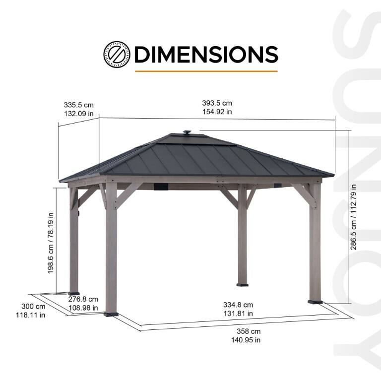 Sunjoy Outdoor Hardtop Gazebo Wooden Pergola with One-Tier Metal Roof, LED Light and Ceiling Hook