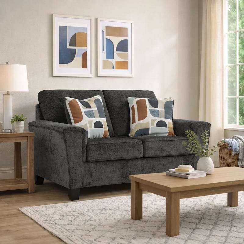 Erin Loveseat, 2 Accent Throw Pillows, 61 Inch Dark Gray Polyester