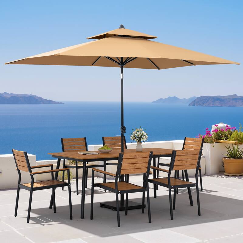 9PC Outdoor Patio Dining Set Wood-Like Aluminum Table with Stackable Armchairs,Double Top Market Umbrella and Wheel Base - BrownTable&BrwonChairs&TanUmbrella