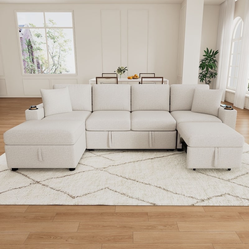 109.1" Convertible Pull-out Sectional Sofa Bed with Movable Storage Ottoman - Beige