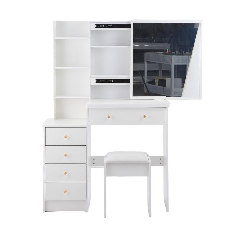 37" Full-Size Vanity Set with Sliding Mirror & Cushioned Stool