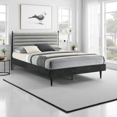 Mian Queen Platform Bed Frame, Channel Tufted, Black, Gray Upholstery