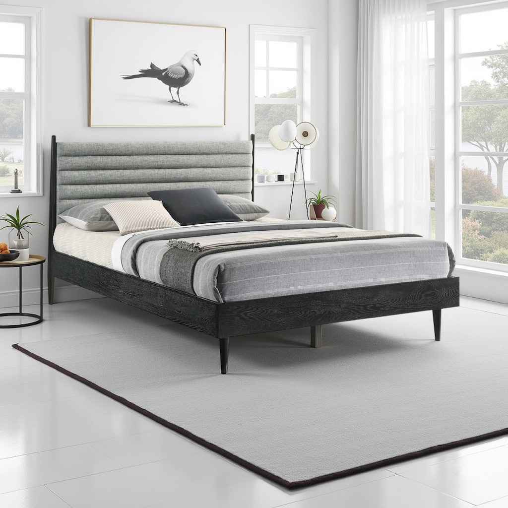 Mian Queen Platform Bed Frame, Channel Tufted, Black, Gray Upholstery