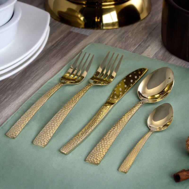 Daisy 20 Piece Hammered Design Stainless Steel Silverware Set in Gold