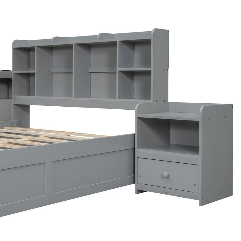Gray Full Size Platform Bed with Integrated Desk, Nightstand, Storage Drawers & USB Ports - Multi-functional Design
