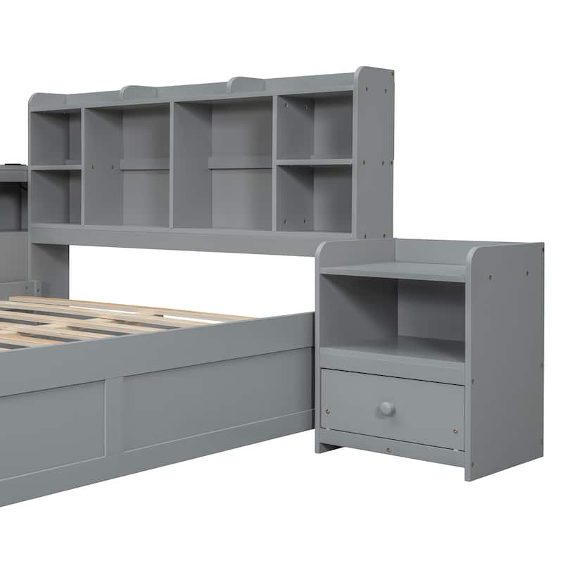 Wooden Platform Bed with Nightstand, USB Ports and Desk, Full Storage Bed Frame with Storage Bookcase Headboard & 2 Drawers