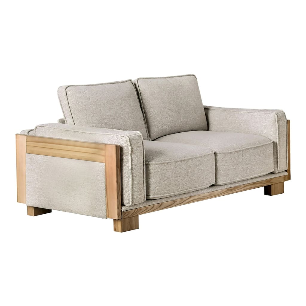 Denu Loveseat, Light Brown Fabric Padded, Welt Trim Details, 70 Inch