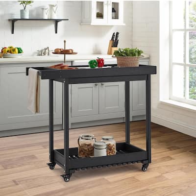EROMMY Rolling Kitchen Island Cart with Storage, 2-Tier Mobile Outdoor Kitchen Cart on Wheels, Black HDPE Utility Serving Table