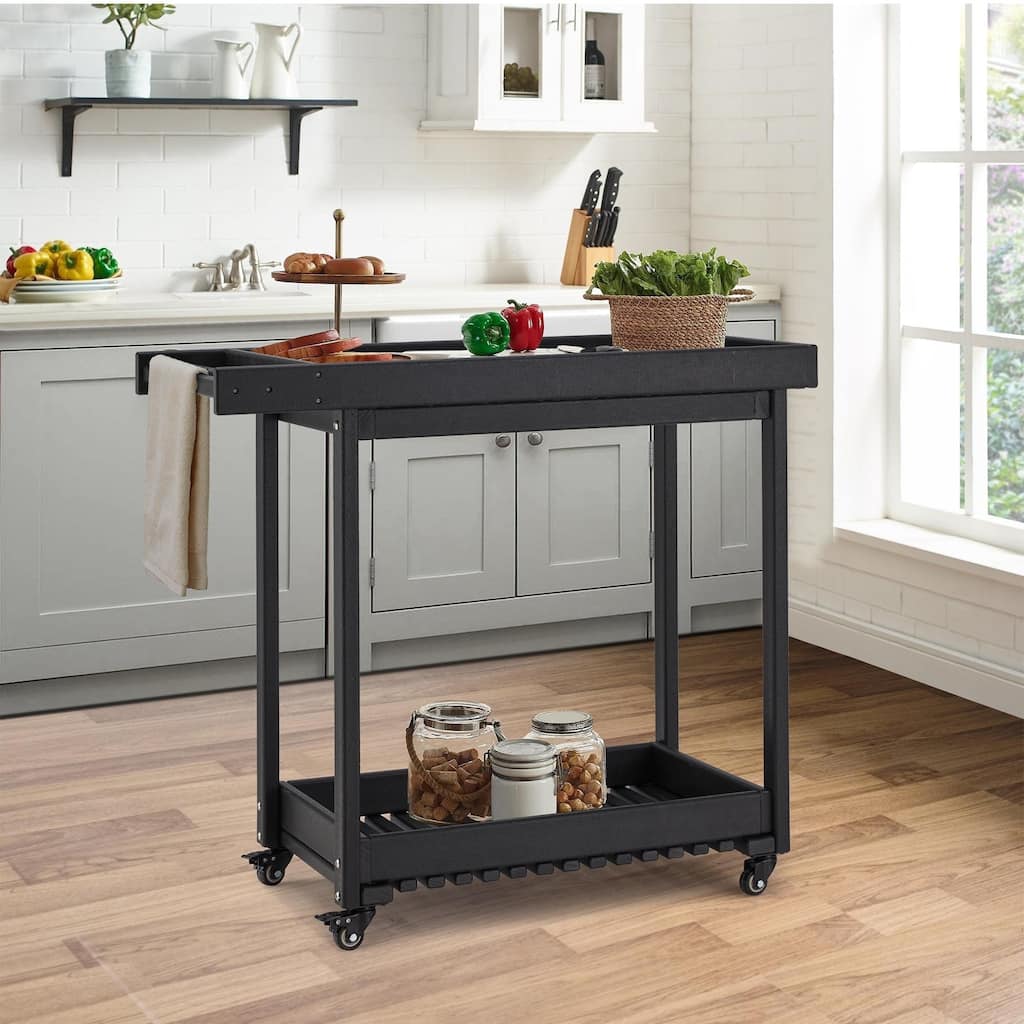 EROMMY Rolling Kitchen Island Cart with Storage, 2-Tier Mobile Outdoor Kitchen Cart on Wheels, Black HDPE Utility Serving Table