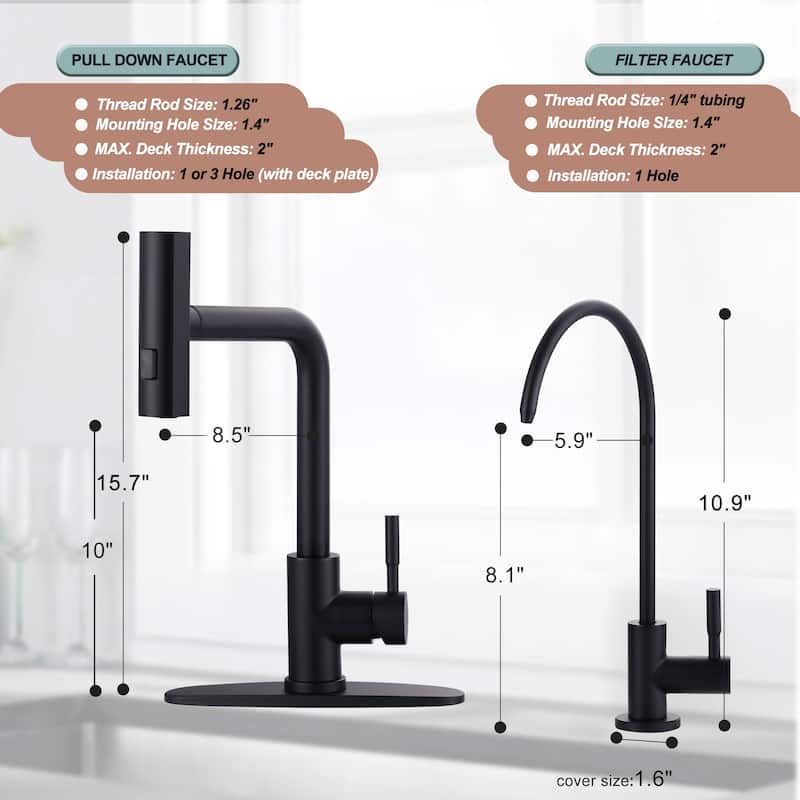 WOWOW Modern-Style Three-Function Pull-Down Kitchen Faucet with Filter Faucet
