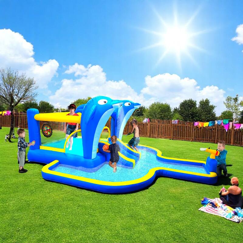 8-in-1 Inflatable Water Park with Slide,Splash Pool,Water Guns, Basketball Hoop & Climbing Wall - Includes ETL-Certified Blower