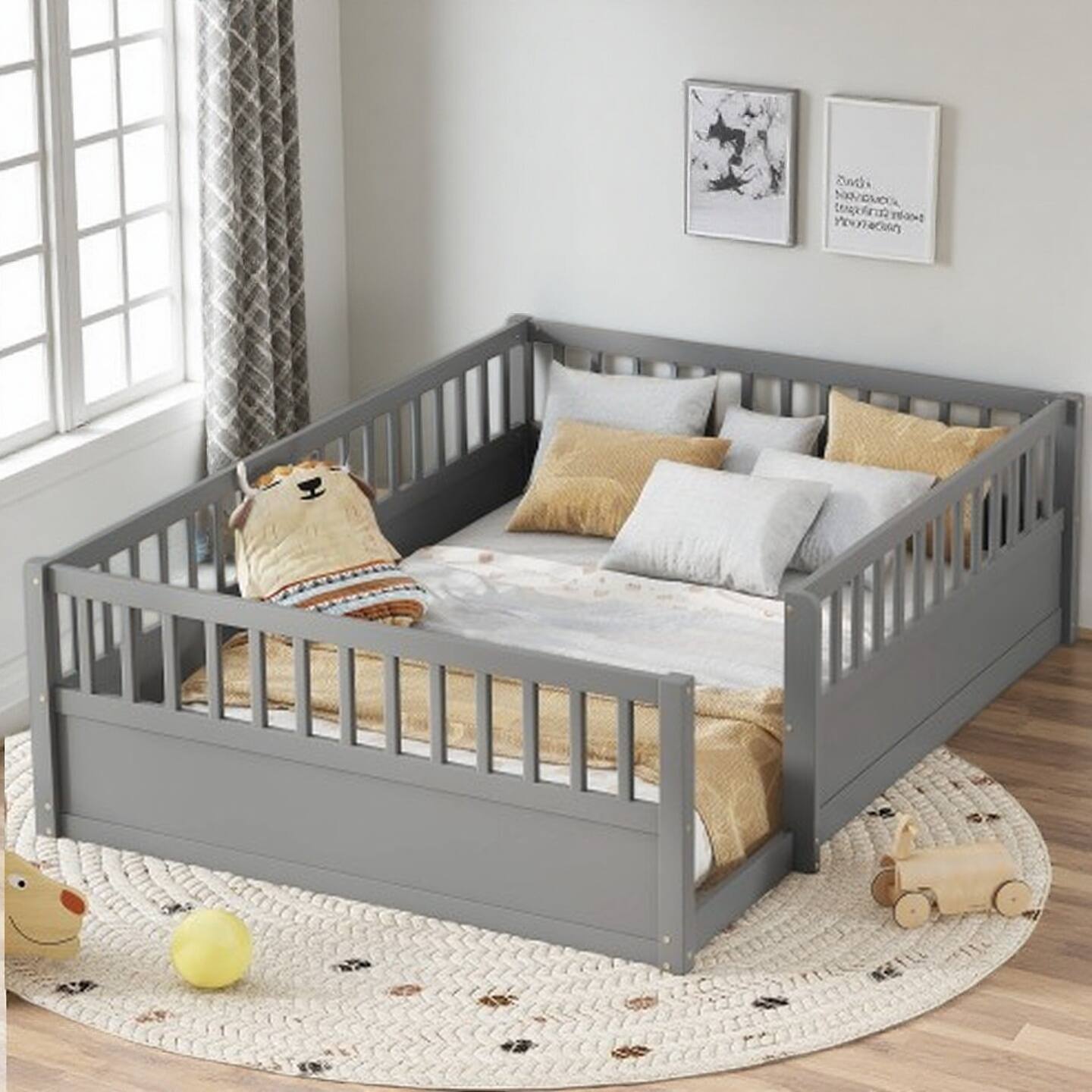 Twin Montessori Floor Bed for Kids, Wooden Floor Bed with Safety Fence, Playroom and Bedroom Friendly