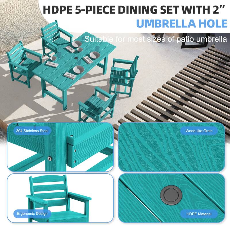 5-Piece HDPE Outdoor Dining Table Sets with Umbrella Hole - 1-Table 4-Chairs