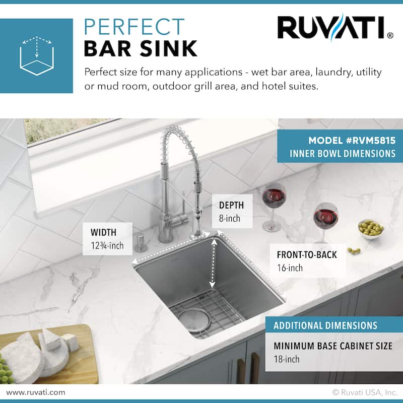 Ruvati 15-inch Undermount Bar Prep Kitchen Sink 16 Gauge Stainless Steel Single Bowl - RVM5815 - 15" X 18"