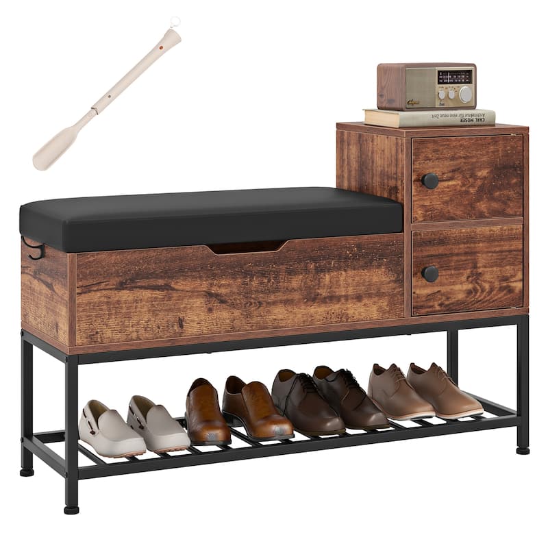Gymax Entryway Bench Shoe Bench w/ Flip Top Box & 2 Door Cabinets PVC - Brown