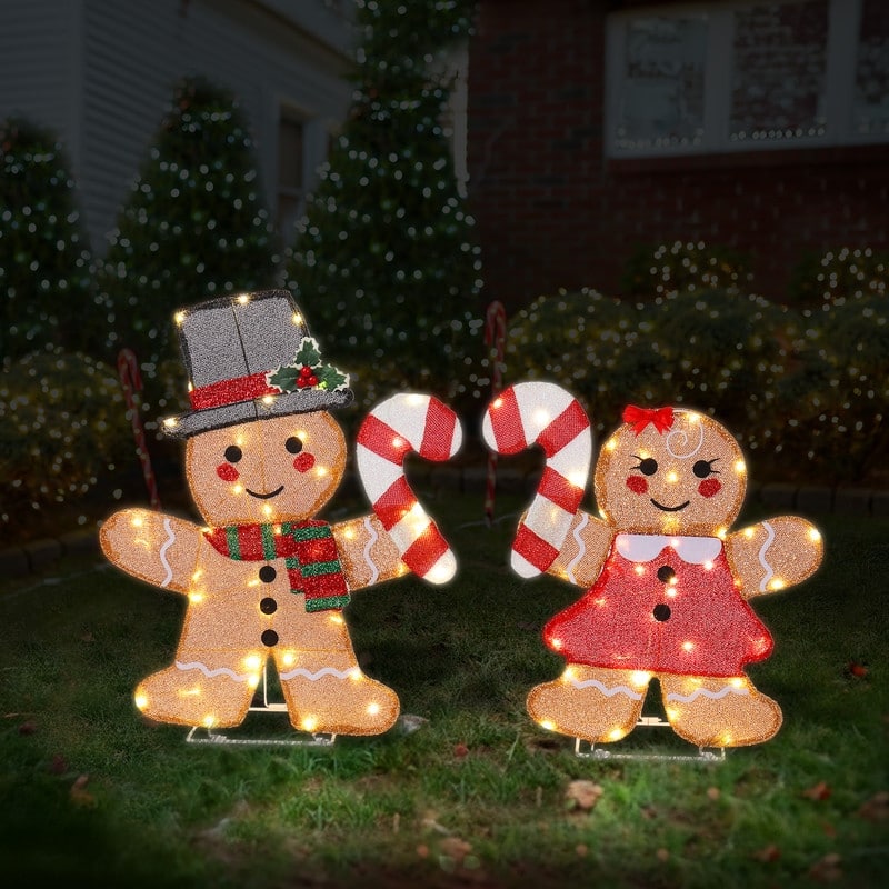 Set of 2 Lighted Gingerbread Man and Candy Cane Christmas Decorations - BROWN