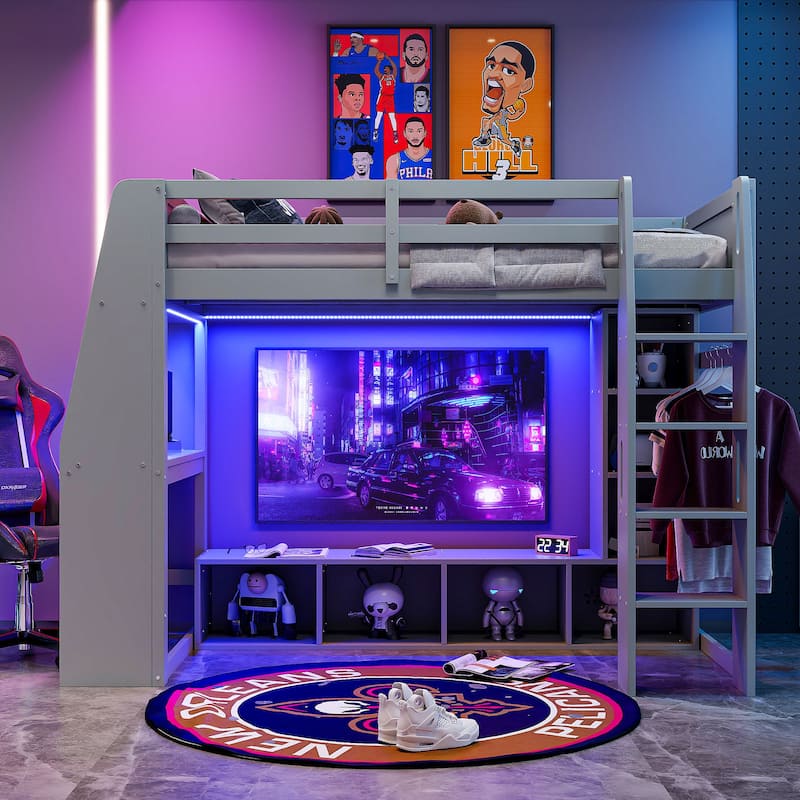 Twin Size Pinewood Gaming Loft Bed with Desk, LED Lighting, Storage Shelves and Hanging Clothes Rack