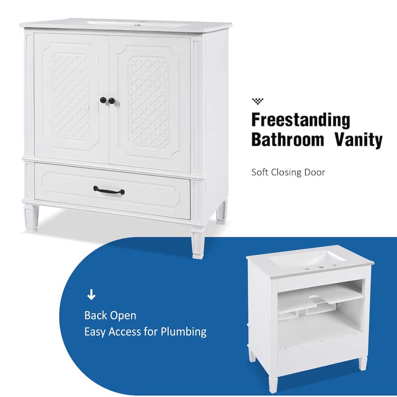 30 Inch Freestanding Bathroom Vanity with Ceramic Sink, Vintage Design, Drawer Storage, Soft Close Doors