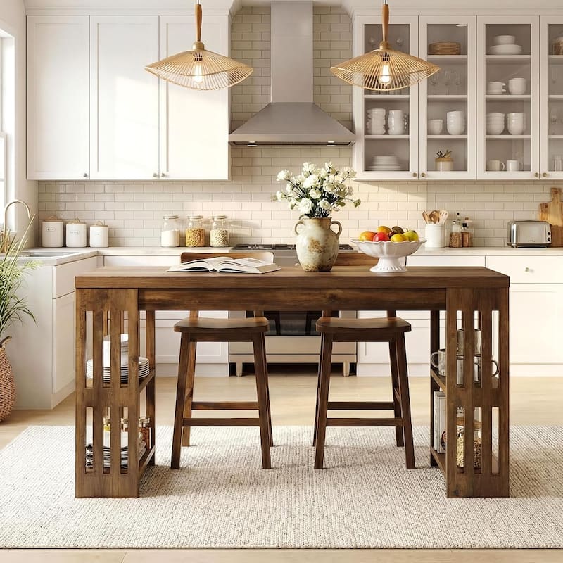 63 Inch Rectangle Bar Table, Farmhouse Pub Bistro Table Home Bar Unit with Storage Shelves - 62.99" L x 19.68" W x 37.4" H