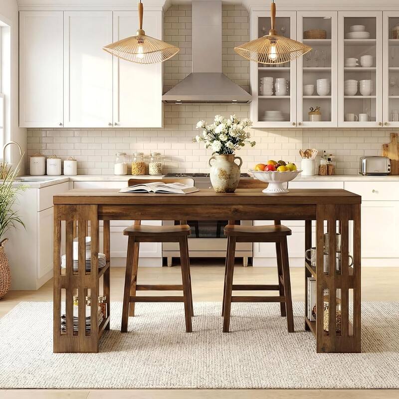 Bar Table with Wine Rack, 63 Inch Wooden Bistro Table, Large Home Bar Unit, Pub Table with Storage Shelves