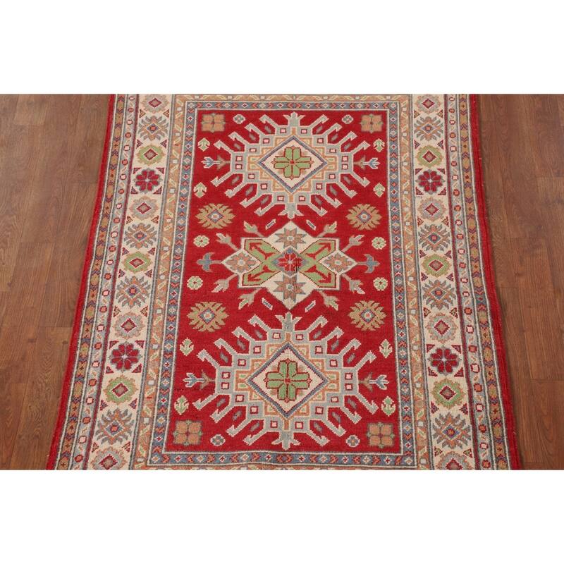 Red Kazak Oriental Accent Rug Handmade Geometric Wool Carpet - 3'3"x 5'0"
