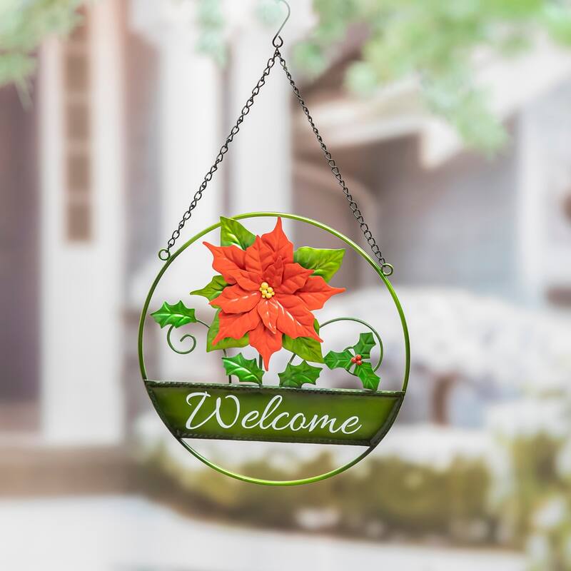 12" Hanging Christmas Metal Sign, Cardinal & Poinsettia