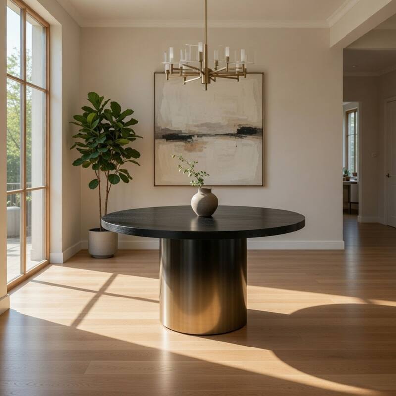 Cid Vito 47 Inch Dining Table, Round Top, Steel Pedestal Base, Black Wood