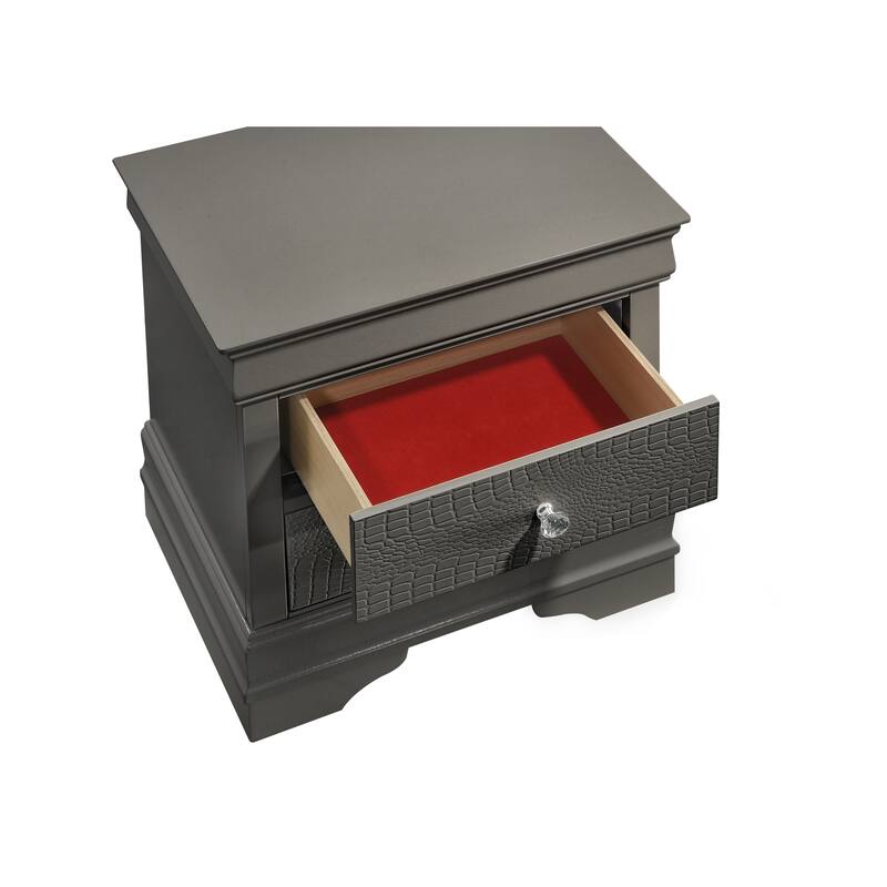 Modern Gray Nightstand with Two Drawers, Durable Wood, Textured Finish, Crystal Knobs