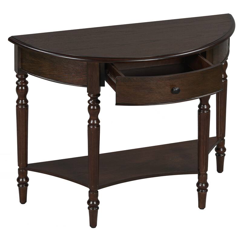 Farmhouse Half Moon Console Table with Drawer & Shelf - Rustic Accent Table
