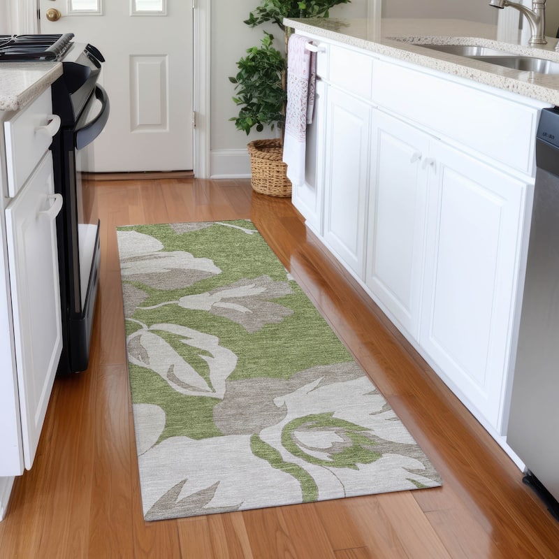 Premium Washable Super Soft Modern Floral Mayfield Rug - Olive - 2'3" x 7'6"