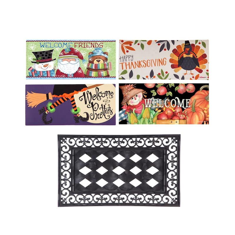 Sassafras Fall Holiday Set of 5 Door Mats with Rubber Display Frame, Collection #4 - Multi-Color