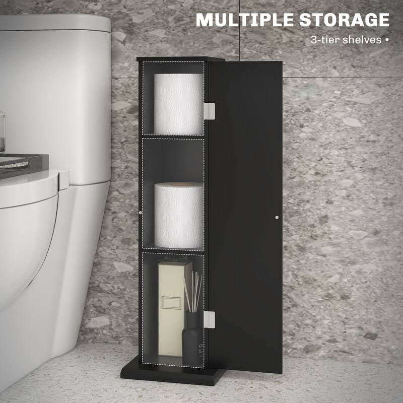 Toilet Paper Cabinet,Small Bathroom Corner Floor Cabinet with Doors and Shelves,Thin Storage Bathroom Organizer - Black