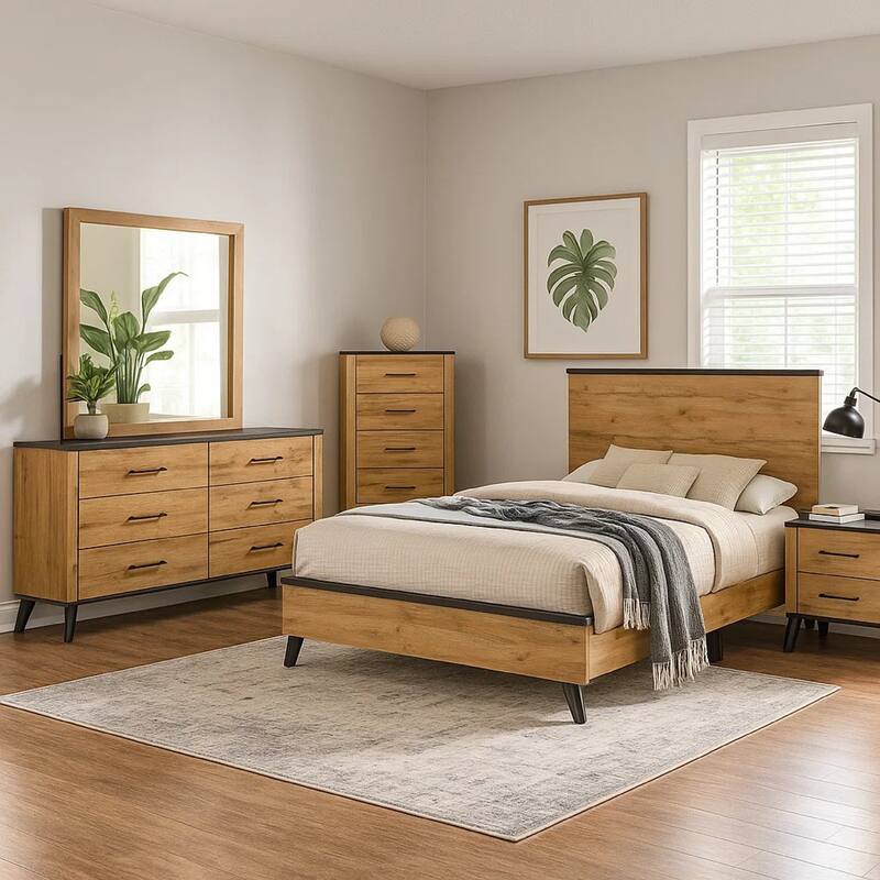 Wemy 5 Piece King Size Bed Set, Rustic Brown Pine Wood, Tapered Legs
