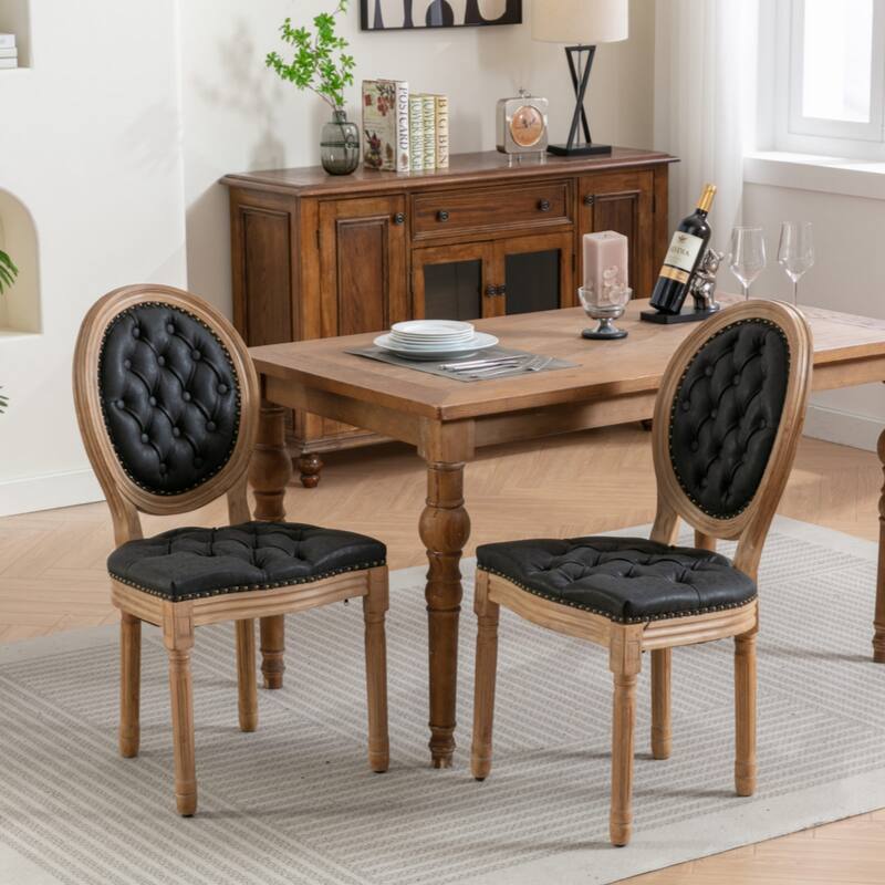 Hand-pulled buckle decoration PU artificial leather Dining Chair with Nailhead Trim ,Wood Legs,Set of 2 - Black PU