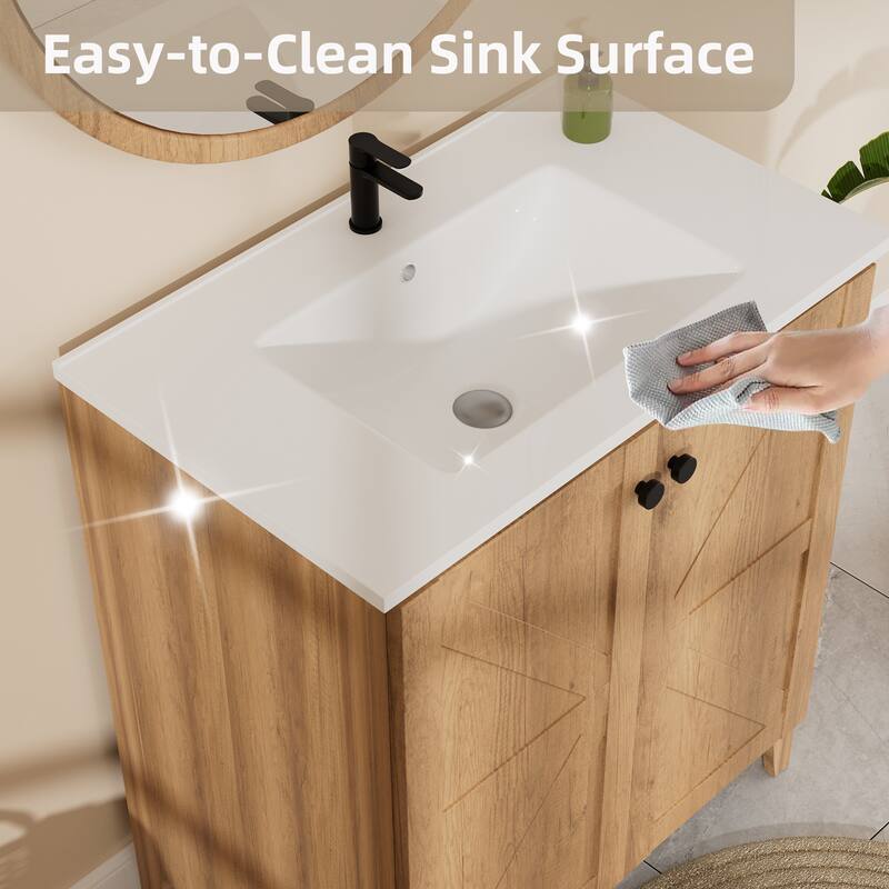 30inch Folding Floor Cabinet With Ceramic Sink- Patented 1-Minute Install, Space-Saving & Easy Assemble