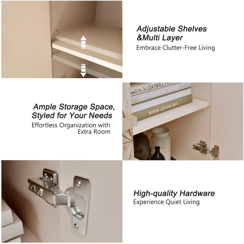 60'' Rustic American Farmhouse Credenza with Sunburst Doors, Antique Wood TV Stand with Adjustable Shelves