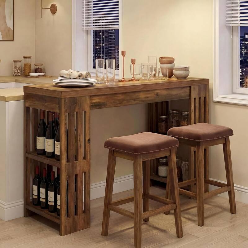 63 Inch Bar Table, Wooden Bistro Table with Wine Rack, Large Home Bar Unit, Pub Table with Storage Shelves