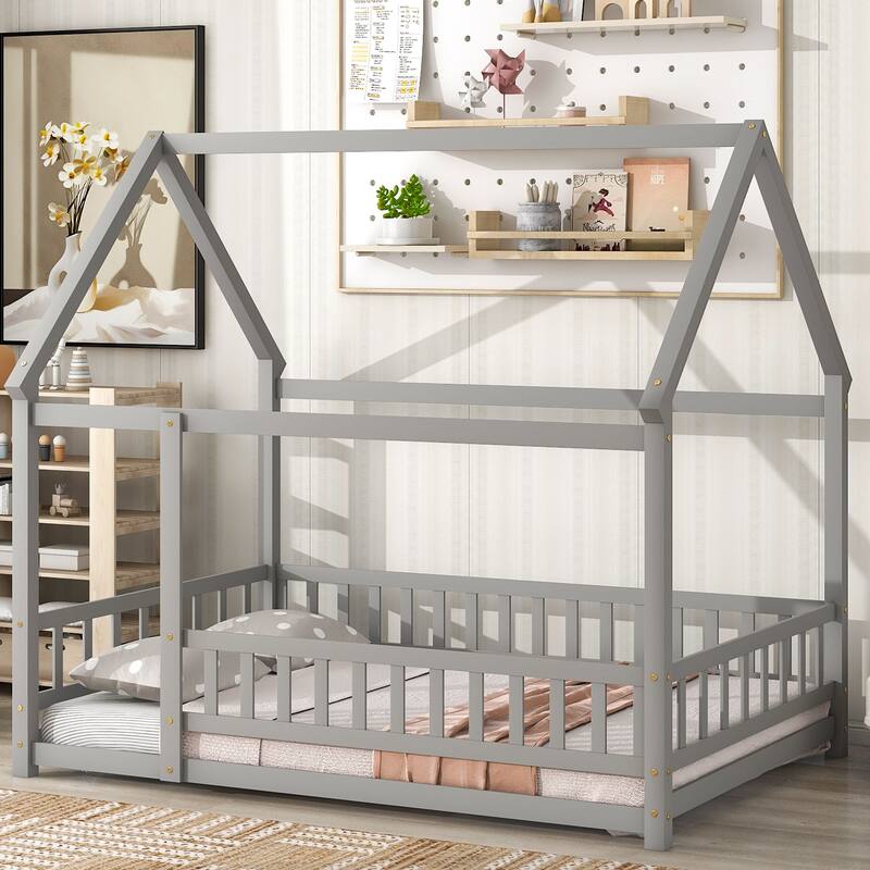 Full Size Wooden Floor Bed with House Roof Frame, Fence Guardrails for Kids, Bedroom - Full - Grey
