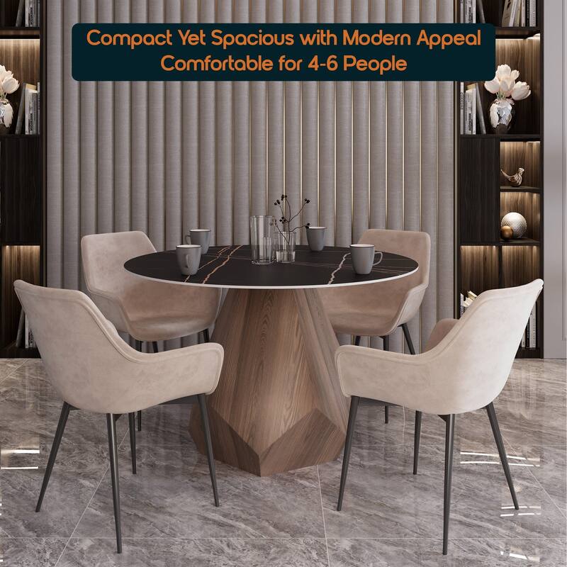 Nebo Round 47" Tempered Glass or Sintered Stone Top Dining Table with Geometric Design Ashwood Pedestal Base Kitchen Table