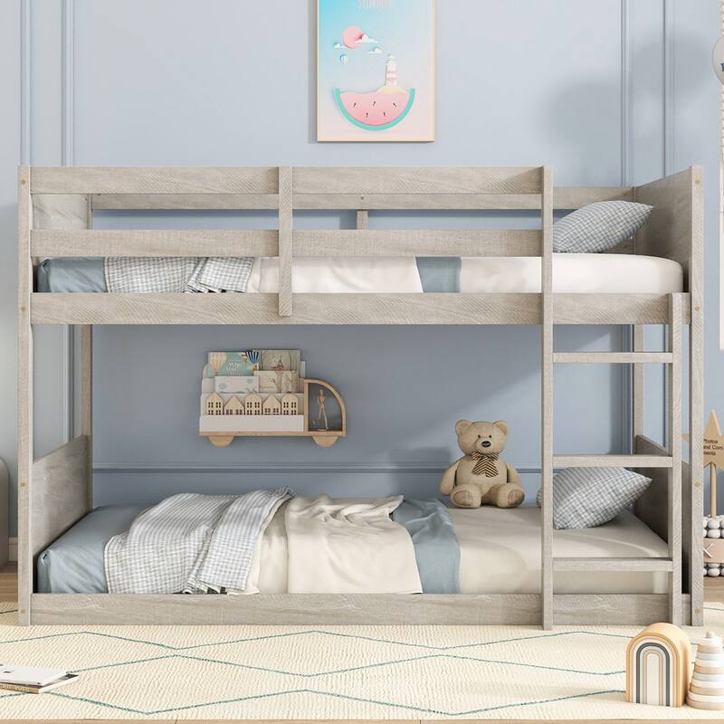 Roomfitters Twin over Twin Floor Bunk Bed with Panel Headboard and Footboard, Solid Rubber Wood Frame, Ladder