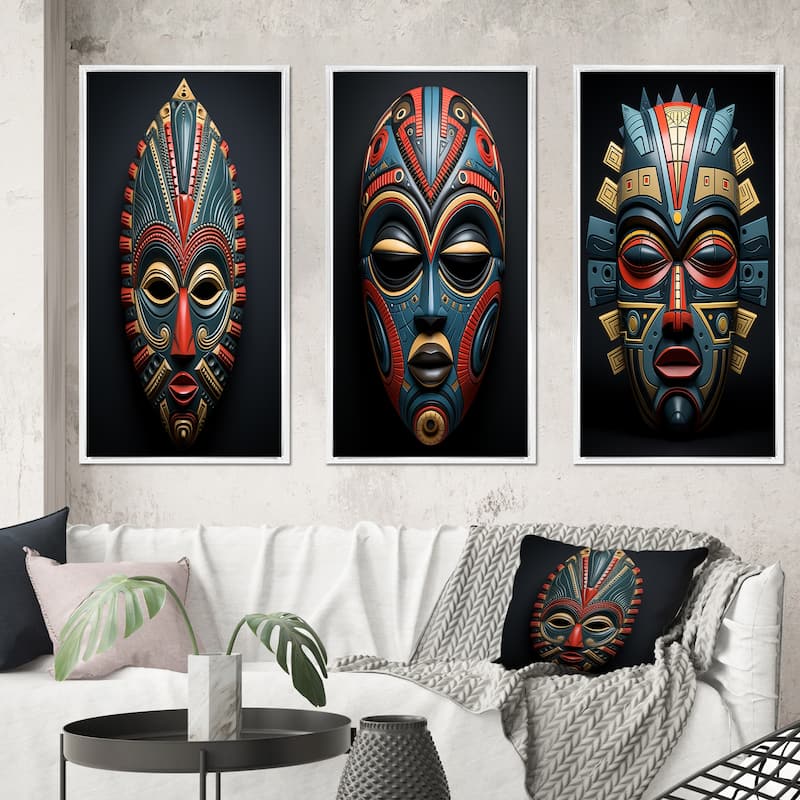 Designart "African Tribal Pende Mask III" African Tribal Framed Wall Art Set Of 3 Frame Gallery Wall Set For Home Decor