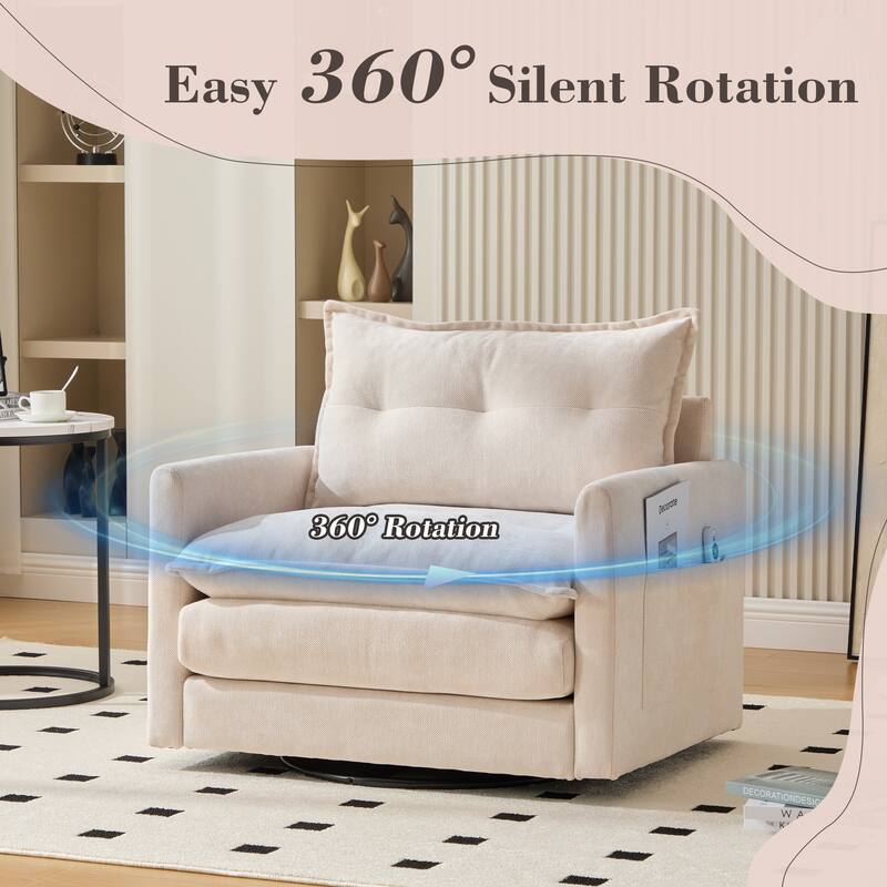 360°Swivel Barrel Chair Single Armchair Chenille Sofa Accent Chair with Thick Padded and Side Storage Pockets