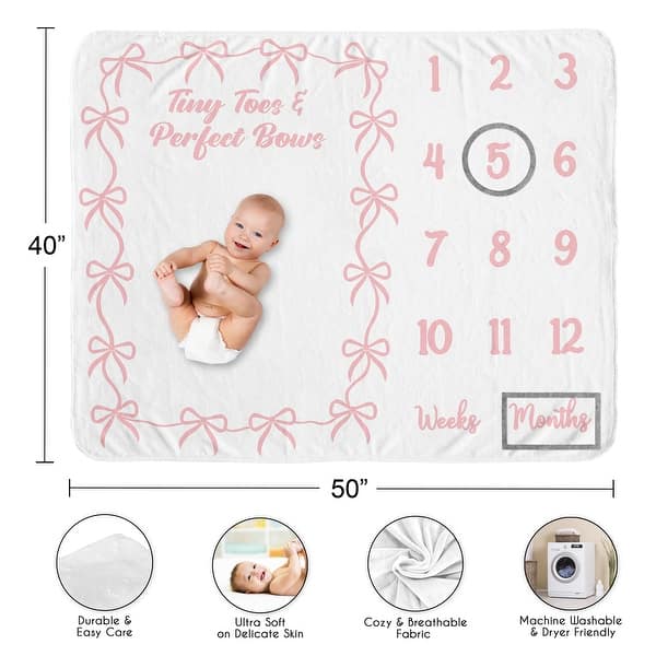 Sweet Jojo Designs Pink Bows Girl Baby Monthly Milestone Blanket -Elegant Tiny Toes and Perfect Bow for Ballet Dancer Collection