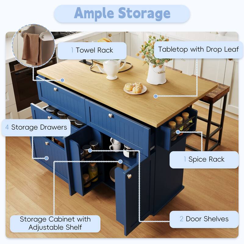 3PCS Sets Farmhouse Kitchen Island with 2 Stools, Drop Leaf, Cabinet, Drawers, Door Shelves, Power Outlet